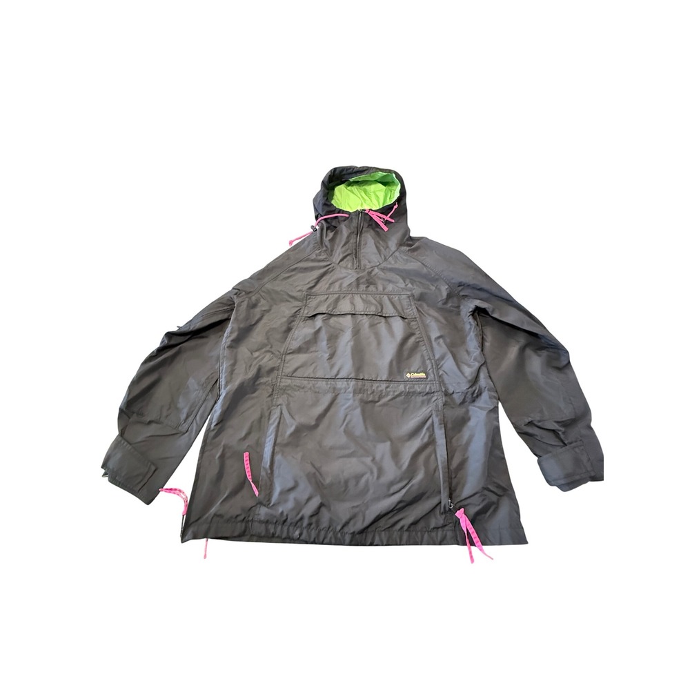 Columbia Vintage Anorak Windbreaker Mens Medium Black Neon Green Pink Half Zip